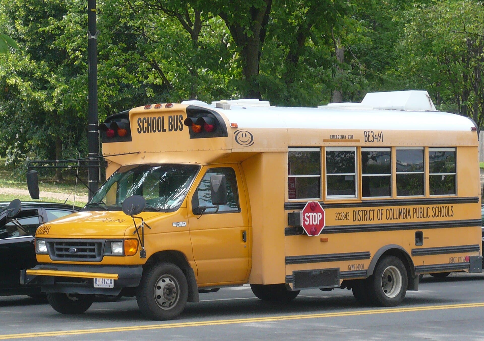 Yellow school bus on a Washington DC street